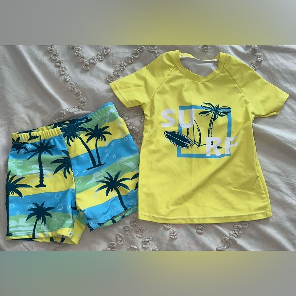 Boy Size 4 Yellow “Surf” Kids Swimsuit Set